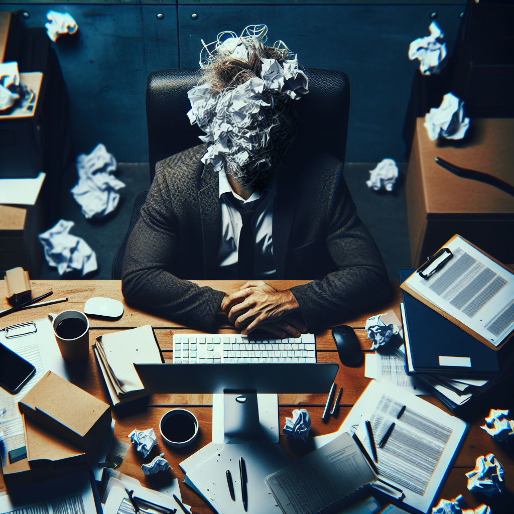 Wypalenie zawodowe: czym jest i jak sobie z nim poradzić? 7 wypalenie zawodowe – człowiek w biurze, dużo papierów dookola, przypalona broda i papiery na twarzy