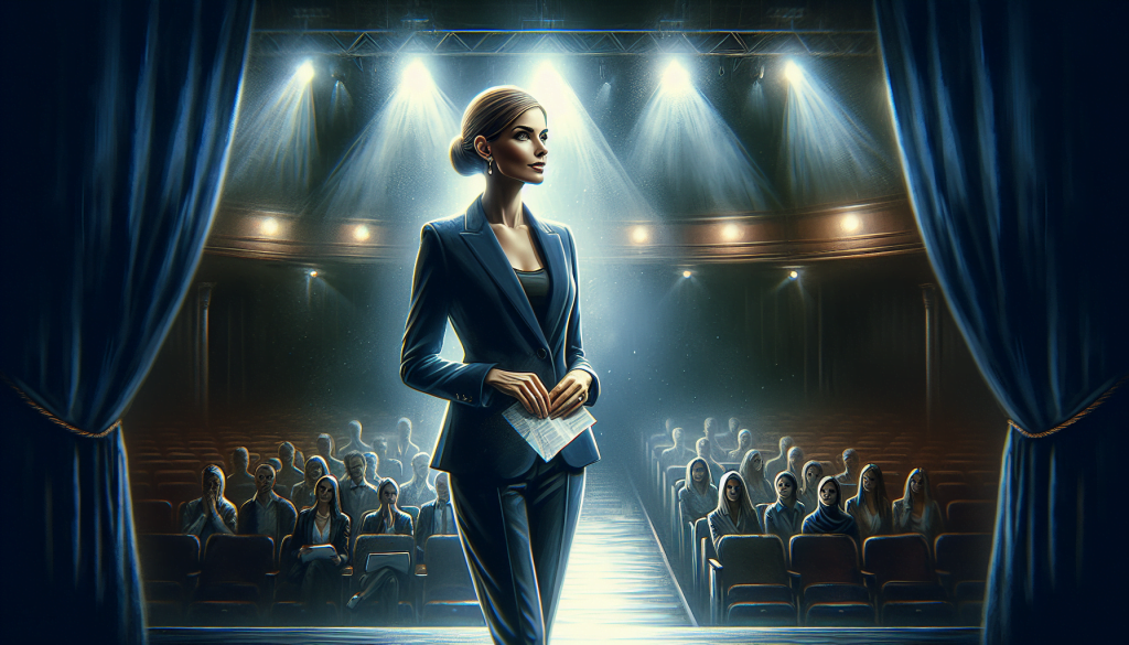 Wystąpienia publiczne: jak dobrze wypaść? 4 wystąpienia publiczne – kobieta na scenie w świetle reflektorów